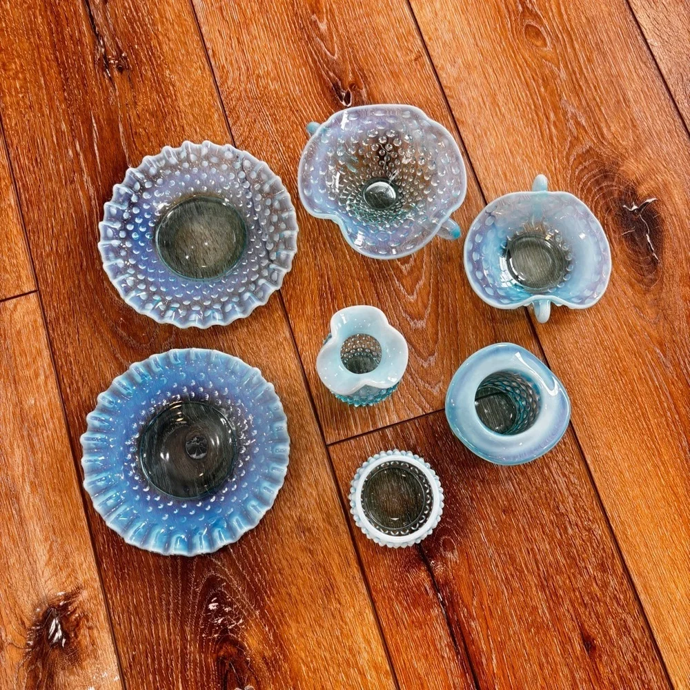 VTG Fenton Blue Opalescent Hobnail 7 pc lot Trinket Candy Dishes Votive Bud Vase